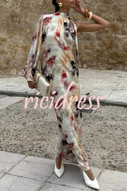 Ninah Satin Tie-dye Print Tie-up Neck One Sleeve H-line Maxi Dress