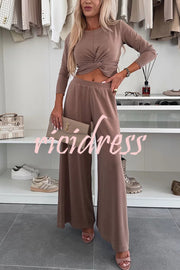 Solid Color Round Neck Long Sleeve Twist Crop Top and Elastic Waist Pocket Wide Leg Pants Set