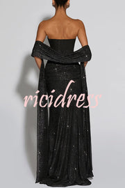 Paula Sequined Mesh and Jersey Off Shoulder Ruched Knot Drape Shawl Maxi Dress