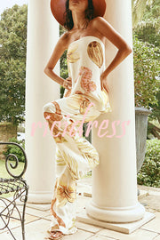 Island Time Linen Blend Unique Print Strapless Top and Elastic Waist Pocket Loose Pants Set