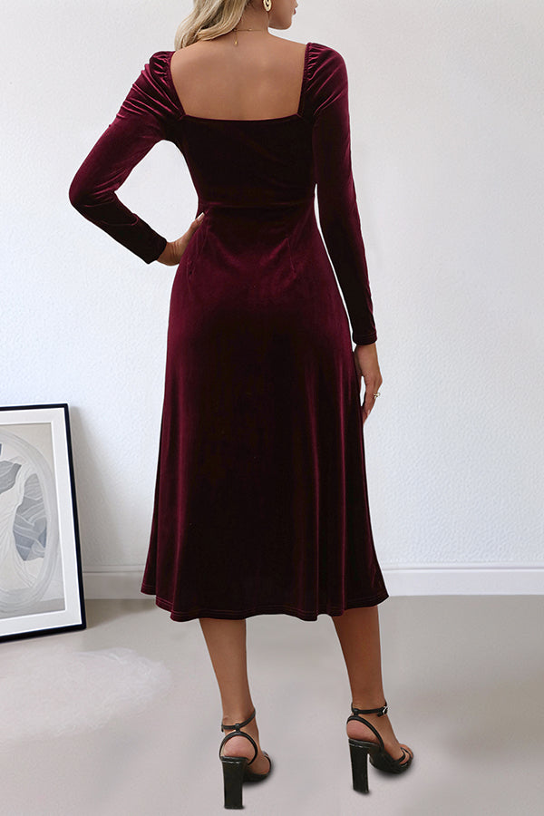 Solid Color Velvet Square Neck Long Sleeve Slit Midi Dress