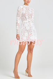 Champagne Toast Flower Lace Long Sleeve Bow Belted Mini Dress