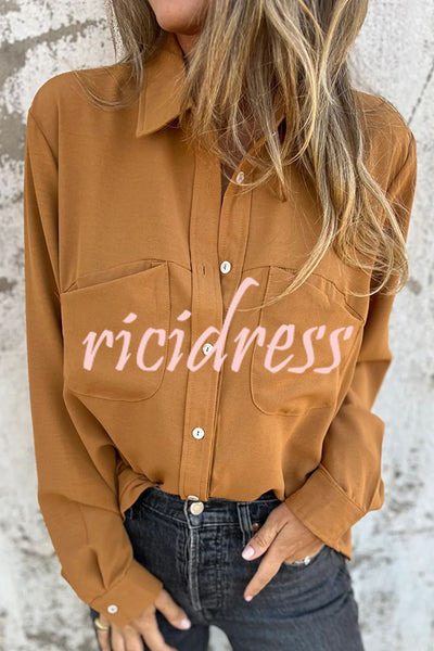 Solid Color Lapel Button Pocket Casual Long Sleeve Shirt