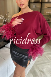 Party Holy Items Off Shoulder Feather Trim Sleeve Loose Blouse