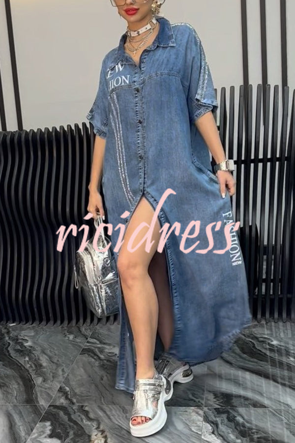 Fashion Letter Print Lapel Cardigan Loose Maxi Dress