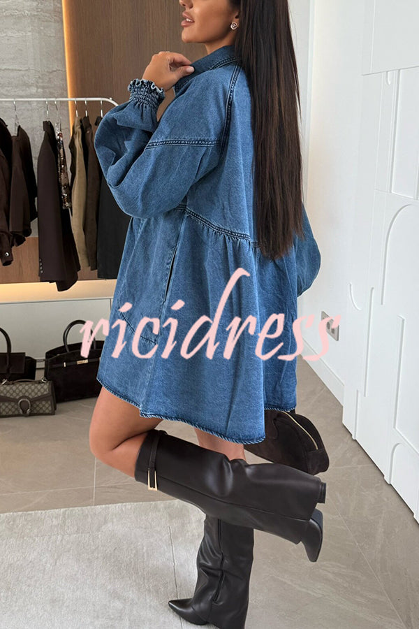 Fashion Heart Button Long Sleeve Casual Pocket Denim Mini Dress