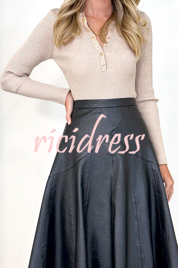 The Karina Faux Leather High Waist Swing Midi  Skirt