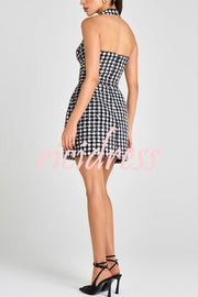 Mila Check Bouclé-tweed Fabric Halter Sweetheart Neck Gold Button Pocketed Mini Dress