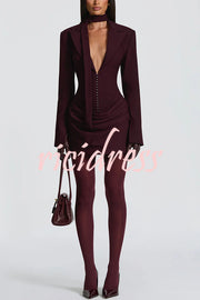 Solid Color Slim-fit V-neck Elegant Draped Formal Mini Dress