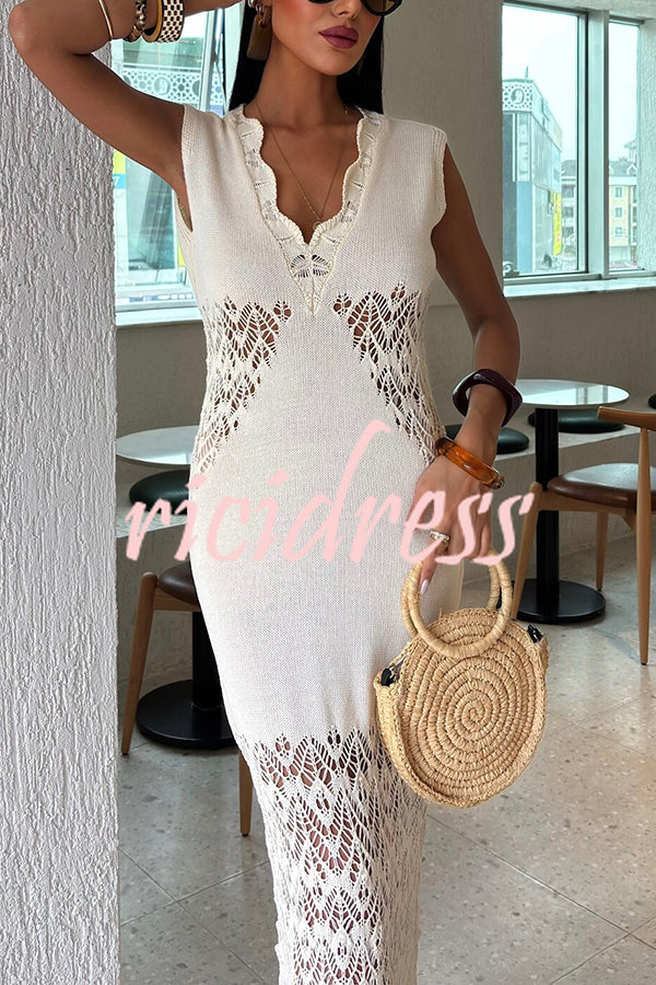 Solid Color Hollow Knitted V-neck Slim Fishtail Maxi Dress