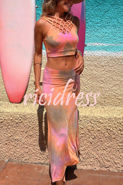 Boho Style Tie-dye Hollow Straps Neck Tank and High Rise Slit Stretch Maxi Skirt Set