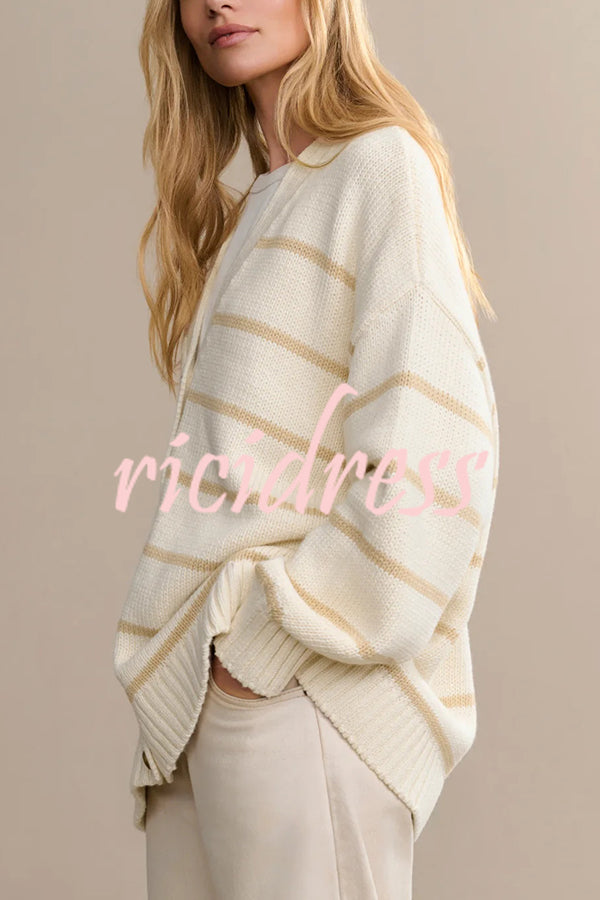 Striped Loose V-neck Long-sleeved Casual Knit Cardigan