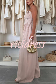 Elegant Solid Color Asymmetric Ruffles Bandeau Top and High Waist Wide Leg Pants Set