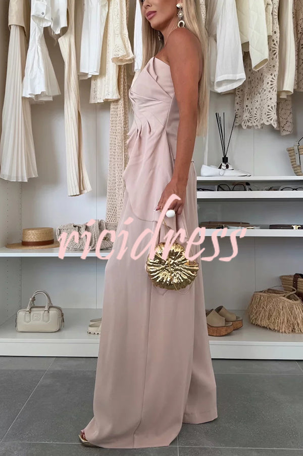 Elegant Solid Color Asymmetric Ruffles Bandeau Top and High Waist Wide Leg Pants Set
