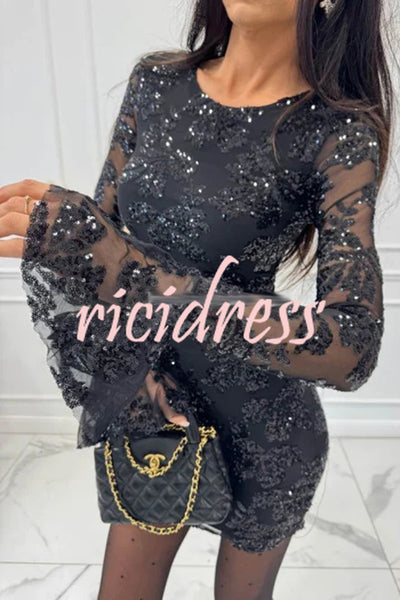 Deep and Dazzling Floral Texture Sequin Long Bell Sleeve Open Back Mini Dress