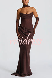 Liora Ruched Cowl Neck Sheer Mesh Waist Off Shoulder Scarf Maxi Dress