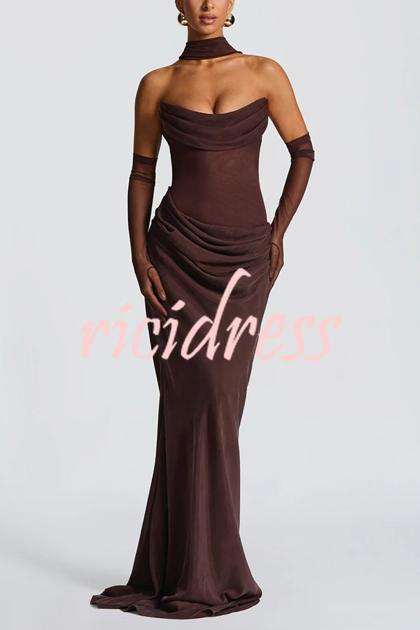Liora Ruched Cowl Neck Sheer Mesh Waist Off Shoulder Scarf Maxi Dress