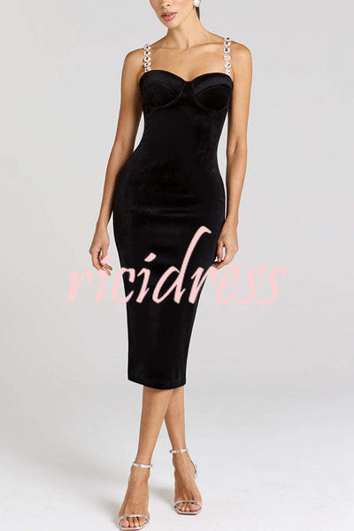 Harley Luxurious Velvet Fabric Jewel-embellished Shoulder Straps Midi Dress