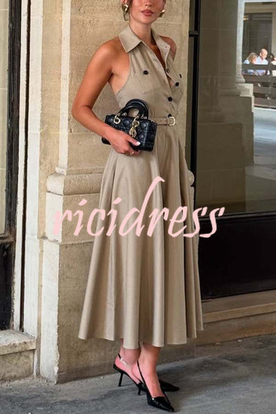 Charmed To Meet You Button Up Belted Pocket Halter Shirt Flare Midi Dress