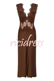 Wonderful Fusion Satin Lace Trim Poka Dot V-neck Drape Maxi Dress