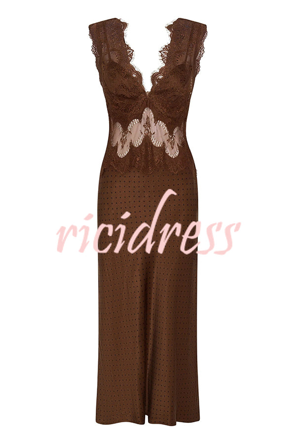 Wonderful Fusion Satin Lace Trim Poka Dot V-neck Drape Maxi Dress