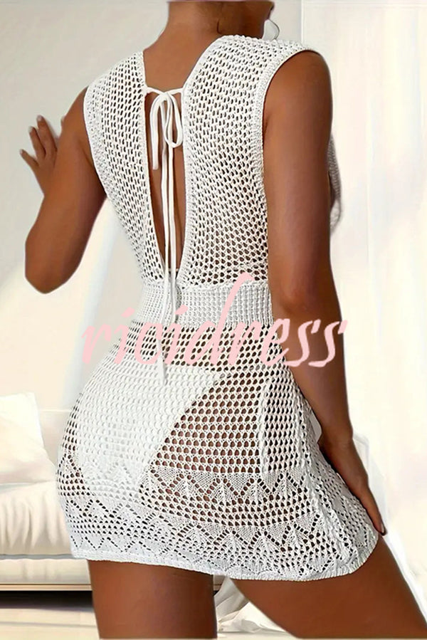 Sexy Sleeveless V-Neck Tie-Back Knit Cover-Up Mini Dress