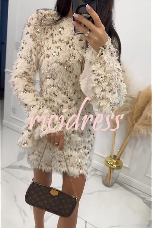 Twilight Ember Knit Sequin Tassels Wide Neck Long Bell Sleeve Mini Dress