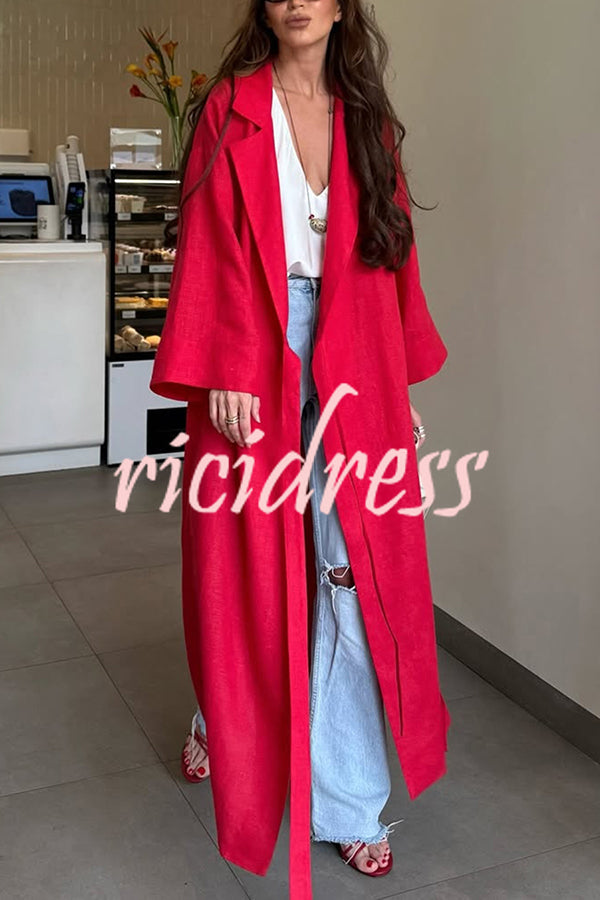 Linen Blend Solid Color Casual Lapel Tie Loose Maxi Dress