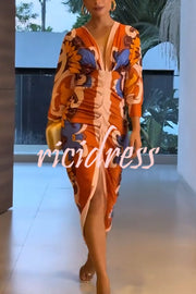 Bahamas Unique Print Dolman Long Sleeve Ruched Slit Midi Dress