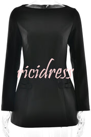 Budding Elegance Bow Detail Boat Neck Long Sleeve Mini Dress