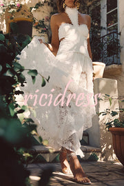 A Girls' Trip Lace High Neck Cutout Drop Waist Ruffles Maxi Dress