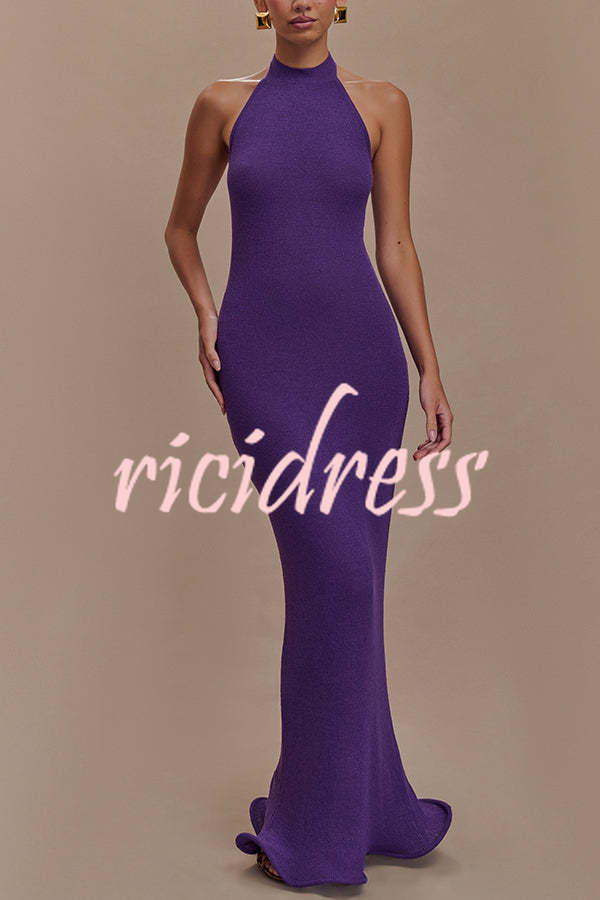 Effortless Charm Knit Halter Backless Fishtail Stretch Maxi Dress