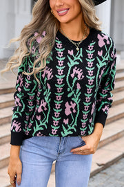 Fashionable Floral Knitted Crew Neck Casual Sweater