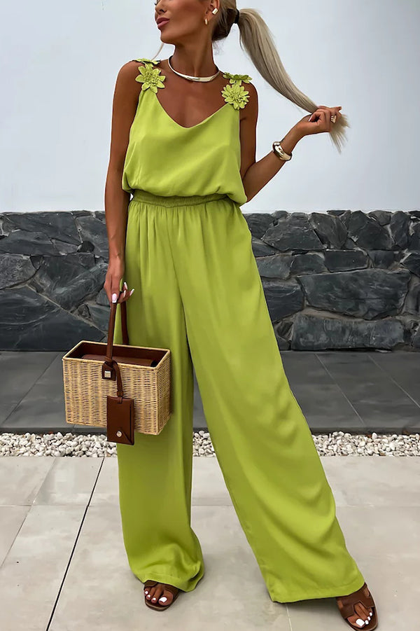 Solid Color Embroidered Flower Suspenders Casual Loose Jumpsuit