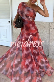 Unique Printed Off-the-shoulder Waisted Holiday Maxi Dress