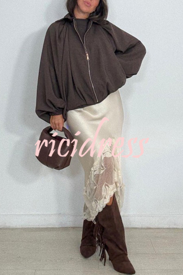 Rolen Satin Lace Patchwork Elastic Waist Irregular Hem Midi Skirt