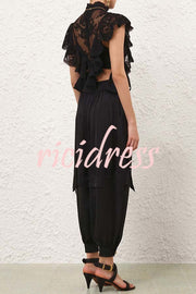 Esella Satin Gathered Waist Pocket Button Ankle Cuffs Harem Pant