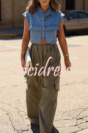 Stylish Weekend Denim Button Up Cape Sleeve Pocket Crop Top