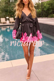 Joyful Bond Satin Lace Trim Contrast Color Bell Sleeve Tie-up Kimono Mini Dress