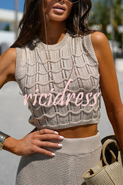 Solid Color Hollow Sleeveless Round Neck Knitted Vest and Stretch Casual Straight Pants Set