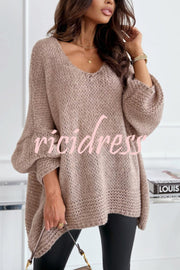 Solid Color Loose V-neck Casual Knitted Sweater