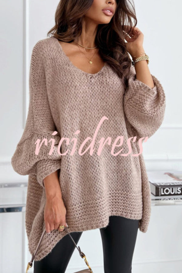 Solid Color Loose V-neck Casual Knitted Sweater