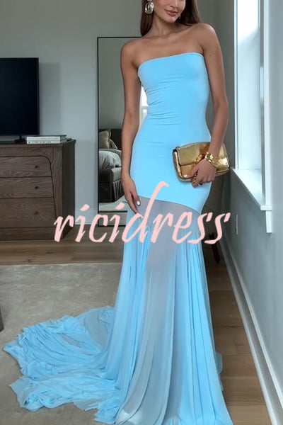 Blue Sky Off Shoulder Contrast Sheer Mesh Fabric Stretch Maxi Dress