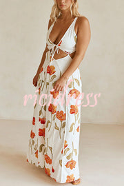 Eliska Linen Blend Poppy Print Cutout Contrast Trim A-line Maxi Dress