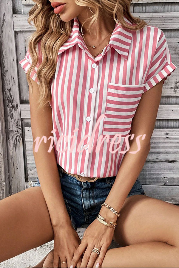 Striped Print Short Sleeve Pocket Shirt Top