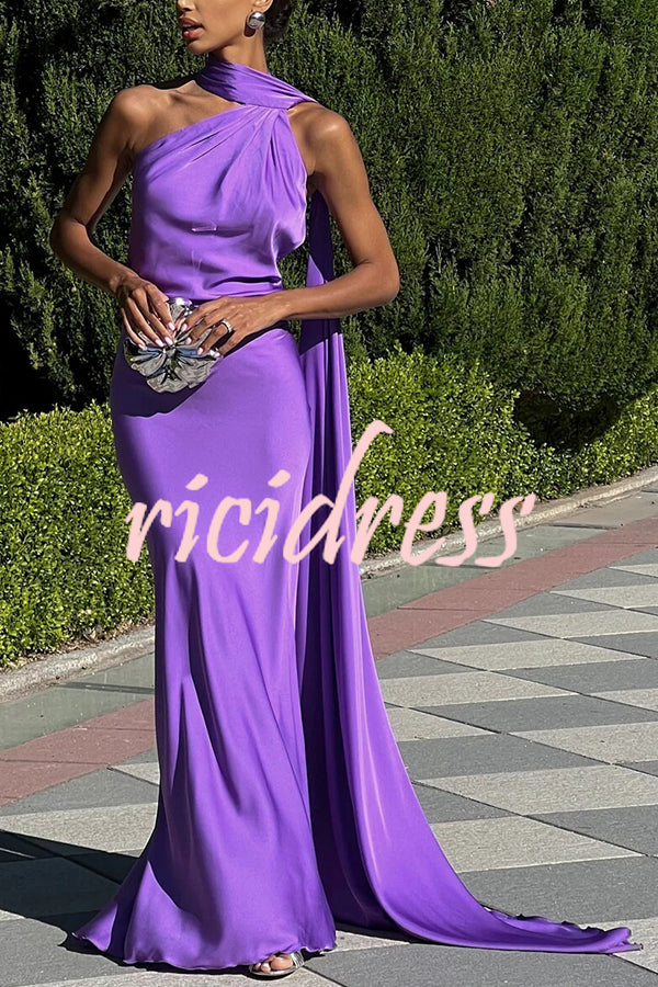 Crush on You Satin One Shoulder Backless Cape Maxi Dress