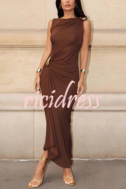 Fashionable Metallic Embellishments Pleated Sleeveless Slim-fit Maxi Dress