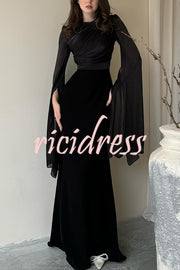 Liora Ruched Organza and Satin Patchwork Design Long Bell Slit Sleeve Maxi Dress