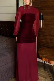 Hildie Chiffon and Two-piece Velvet Lace-up Bra High Neck Long Sleeve Maxi Dress