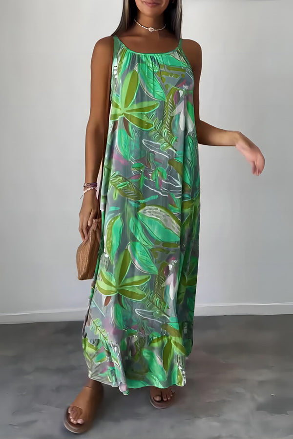 Unique Botanical Print Casual Loose Strappy Maxi Dress